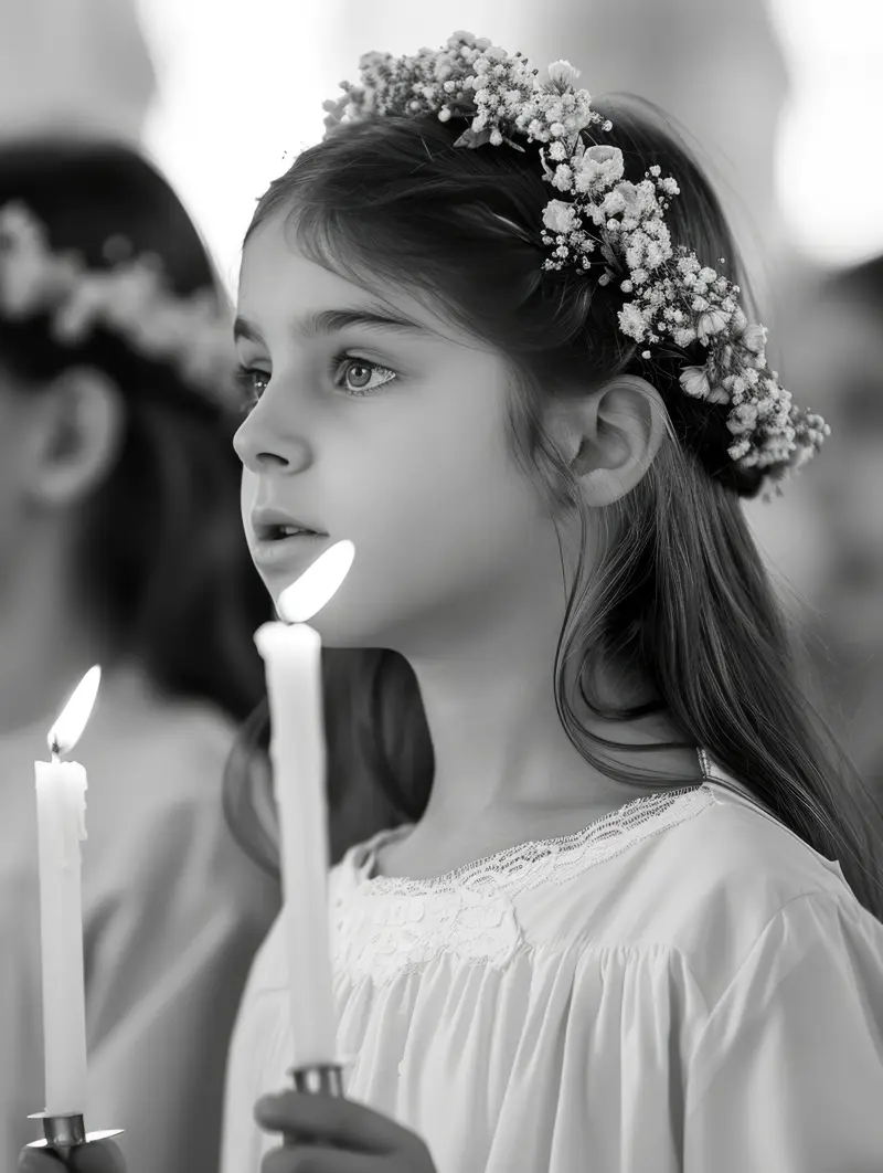 A child holding a white candle at First Communion